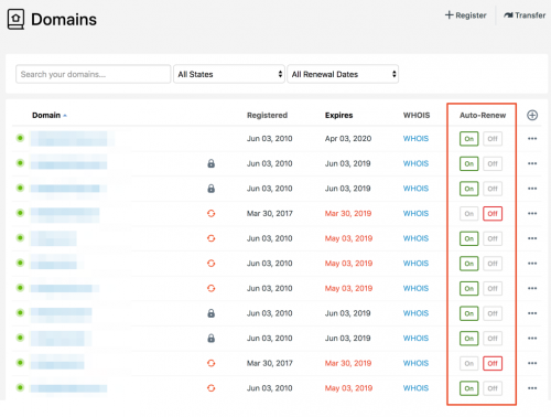 Toggle On or Off in the list of domains
