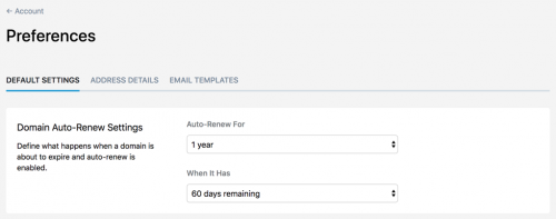 Default Domain Auto-Renew Settings found in Account > Preferences