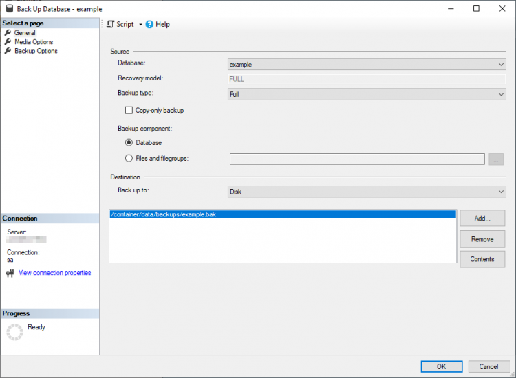 SSMS Backup Database window
