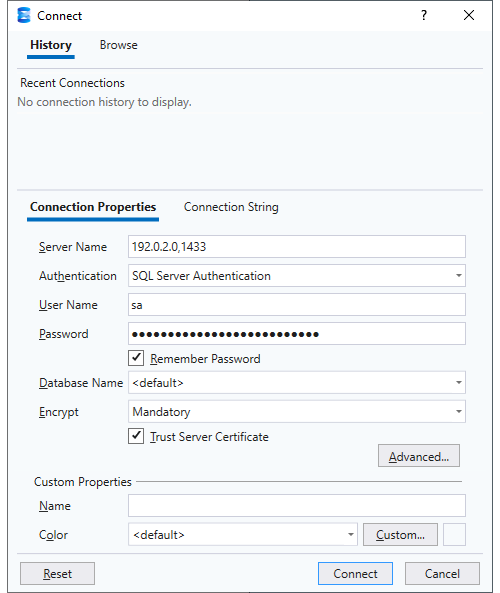 SSMS Connection Window