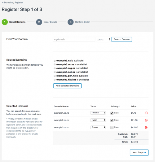 Example showing registration of 3x domains