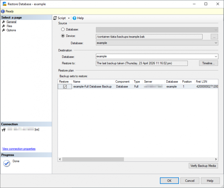 SSMS Restore Database window