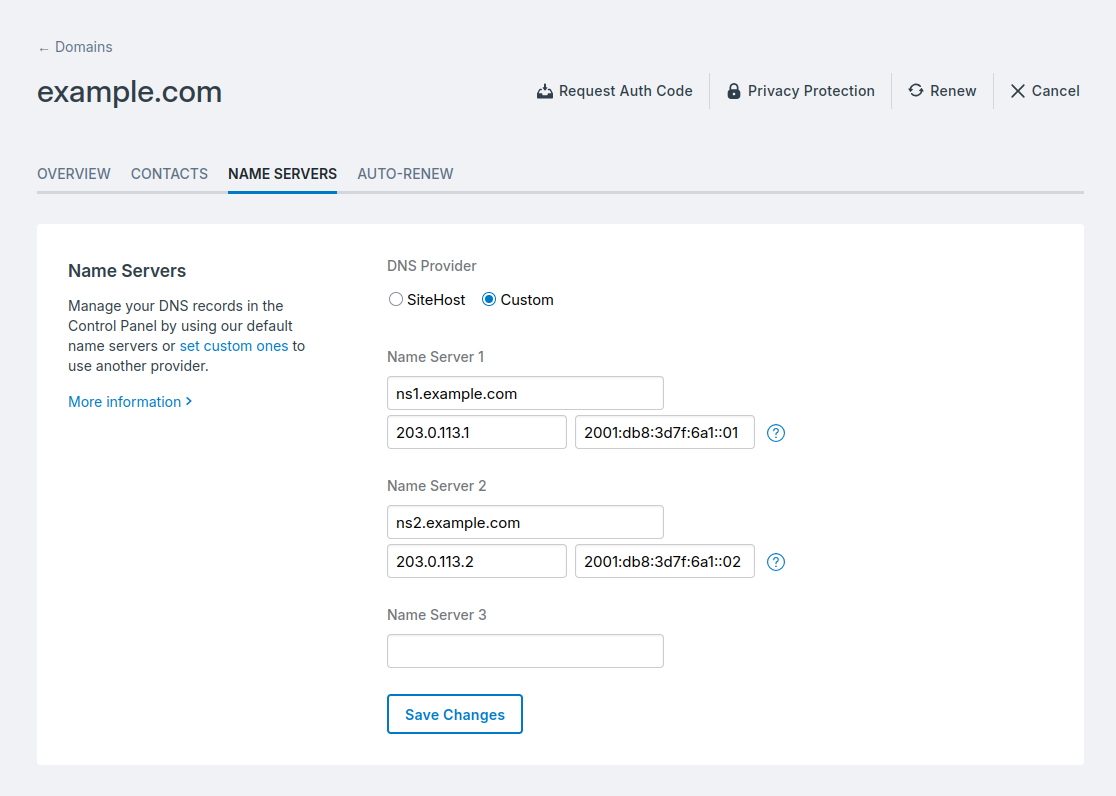 A domain using custom name servers with glue